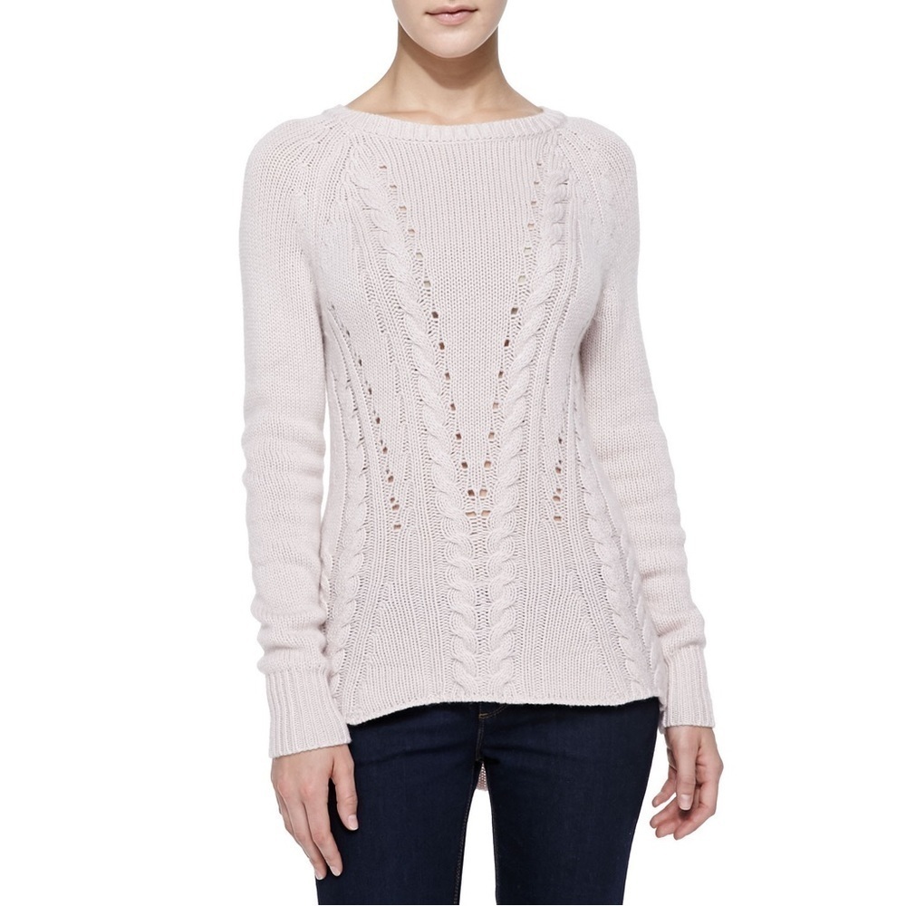 Autumn Cashmere Oatmeal High Low Mixed Knit Cable V Neck Sweater RH9048 Size S
